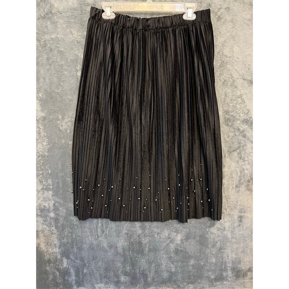 Metrowear VTG Midi Skirt Women's Black Pleats Silver Beads sz L Career Office